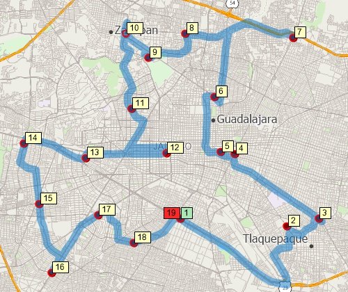 Map of optimized route serving multiple stops created with Maptitude Mexico map software