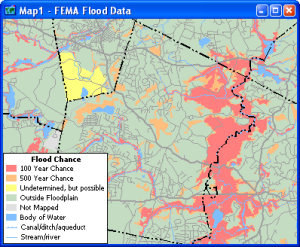 Sample map of Flood Plain data for use with Maptitude and TransCAD map software