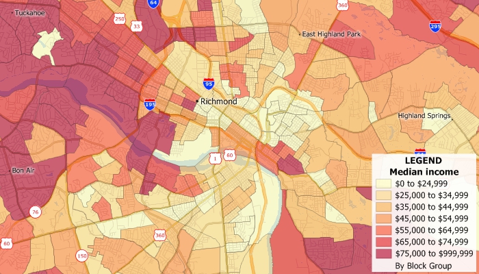Sample Maptitude map of median income by Census Block