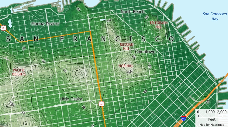 Maptitude topographic map of San Francisco elevations