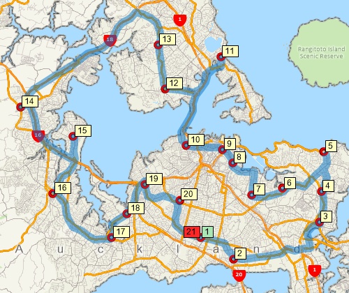 Map of optimised route serving multiple stops created with Maptitude New Zealand map software