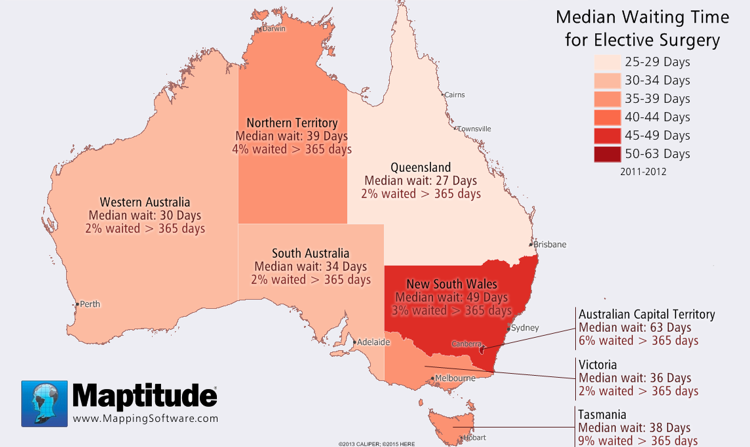Maptitude featured map of elective surgery wait time in Australia