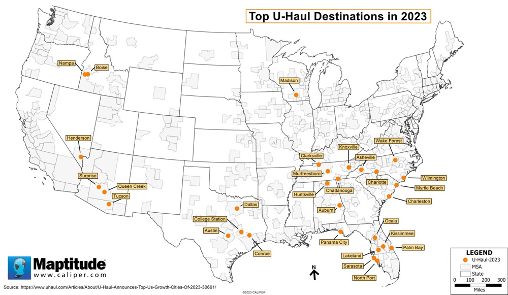 Map cities that are the top U-Haul destinations in 2023