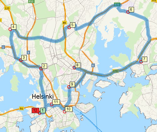 Map of optimised route serving multiple stops created with Maptitude Finland map software
