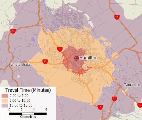 Map of customer locations and drive-time rings to proposed sites created with Maptitude real estate mapping software