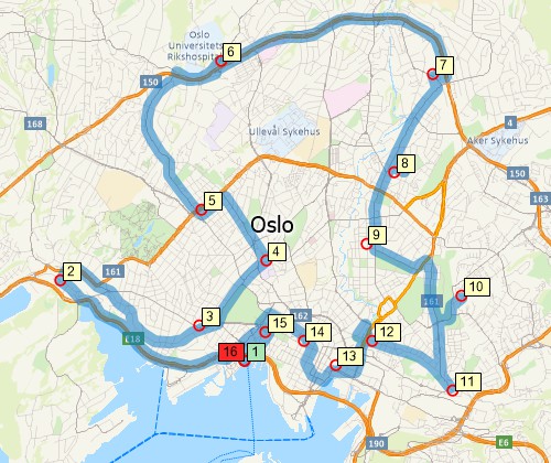 Map of optimised route serving multiple stops created with Maptitude Norway map software