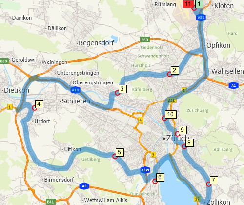 Map of optimised route serving multiple stops created with Maptitude Switzerland map software
