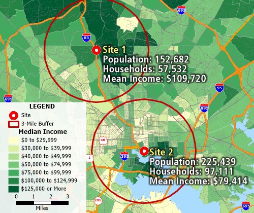 Maptitude map comparing population and income demographics within three miles of two sites