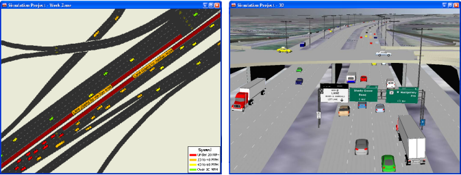 Sample 2-D and 3-D simulations created with TransModeler traffic simulation software