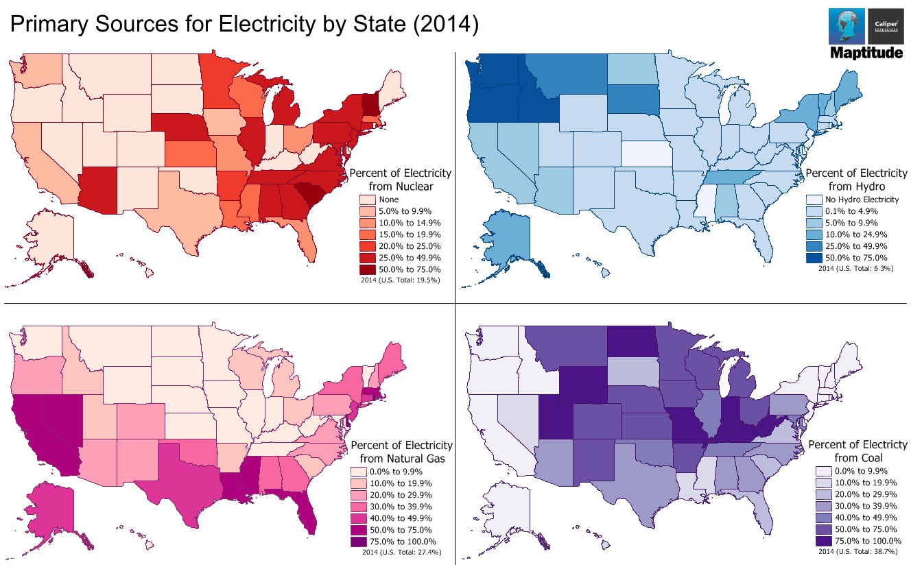 Maptitude mapping software map of electricity generated by different sources