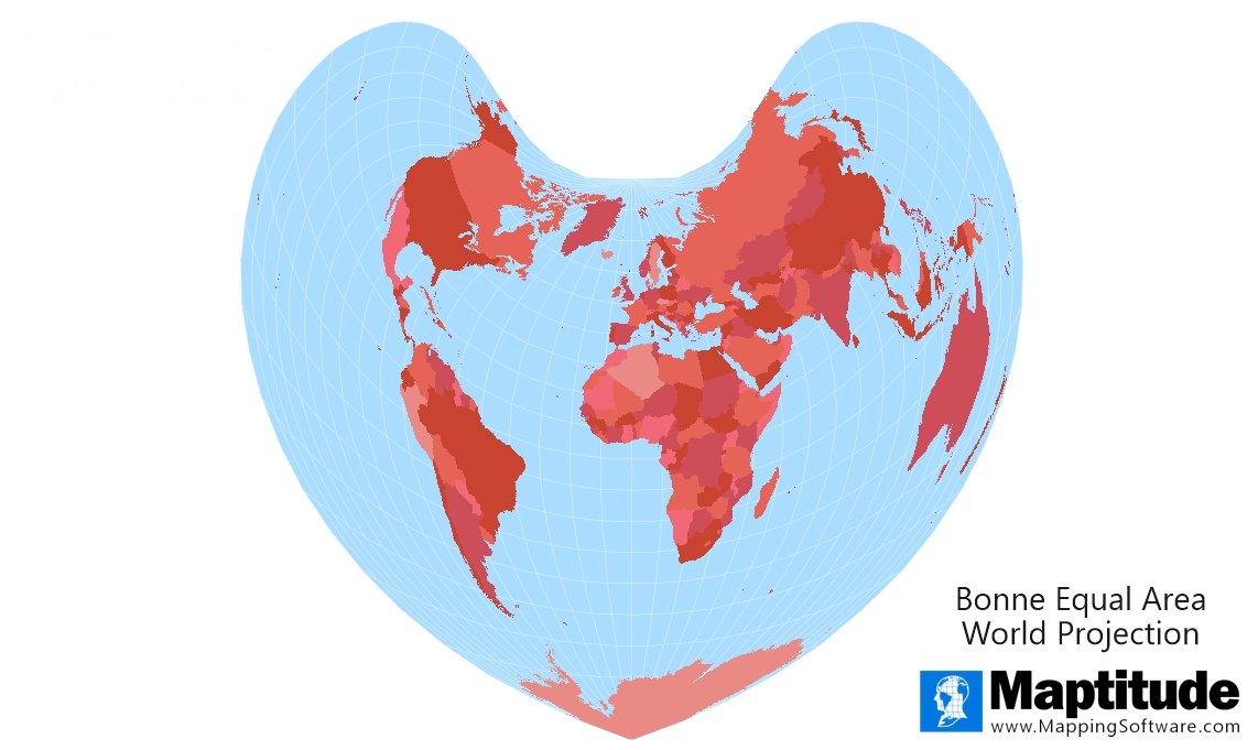 Maptitude mapping software Valentine's Day heart shaped map using the Bonne equal area projection to reproject a world map.