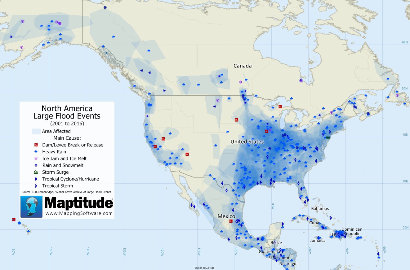 Maptitude map showing the North America flooding events from 2001-2016