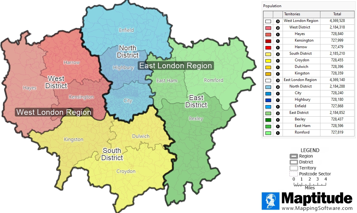 Maptitude mapping software infographic of hierarchical sales territories in London, England