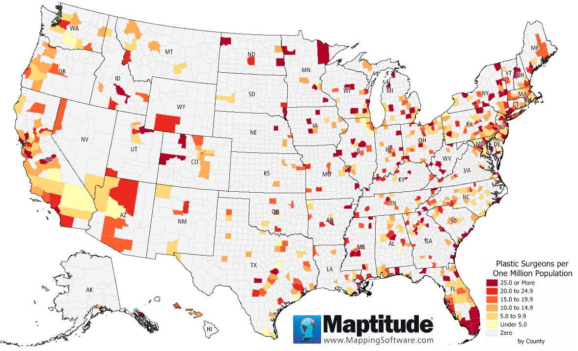 Maptitude map of plastic surgeons by county