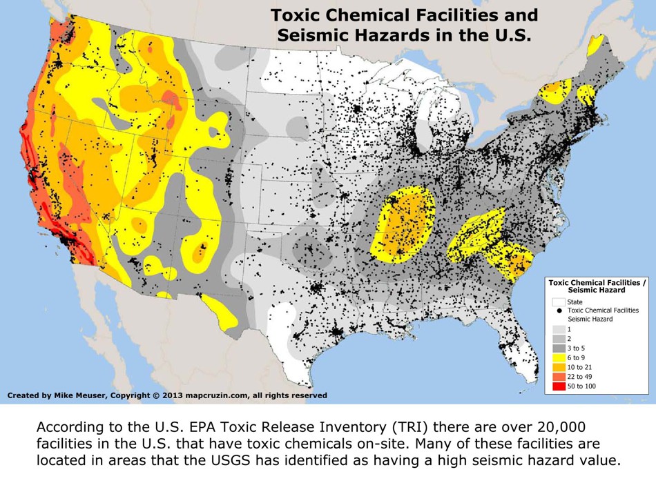 Map of US EPA Toxic Release Inventory and Seismic Hazards