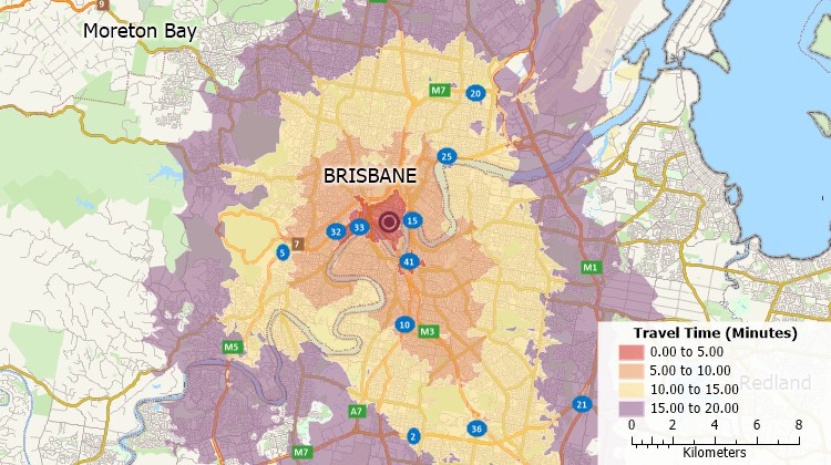 MapPoint replacement - Maptitude map showing 5-minute interval drive-time bands around a location in Brisbane 