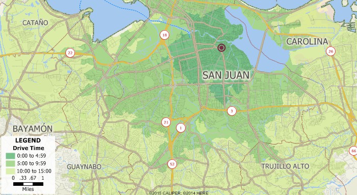 Maptitude drive-time ring map, San Juan