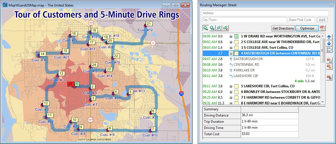 Maptitude mapping software Routing Manager and sample route map with drive-time rings