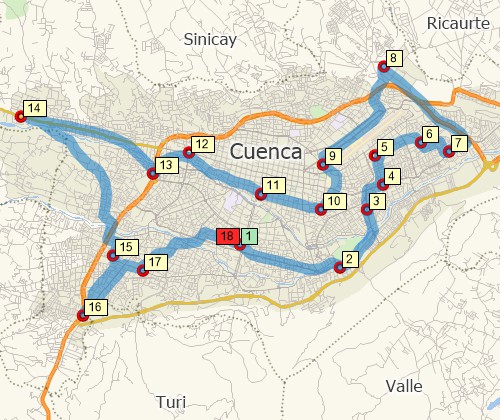 Map of optimised route serving multiple stops created with Maptitude Ecuador map software