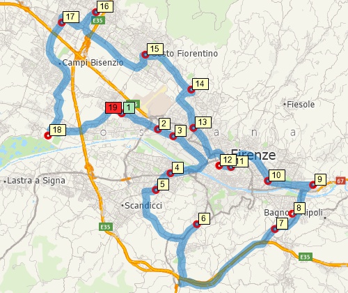 Map of optimised route serving multiple stops created with Maptitude Italy map software
