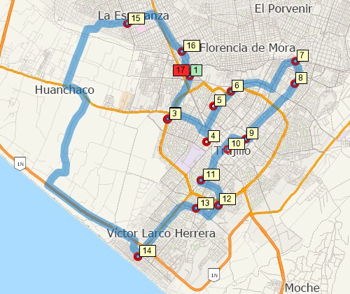Map of optimised route serving multiple stops created with Maptitude Peru map software