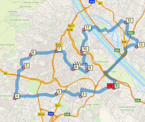 Map of optimised route serving multiple stops created with Maptitude Austria map software