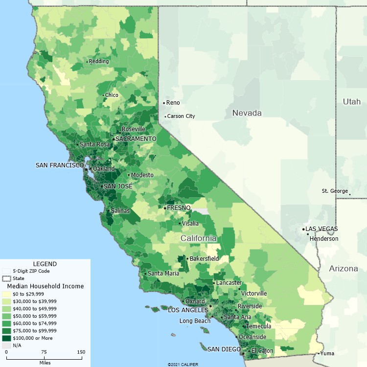 Maptitude California Mapping Software map of income by ZIP Code in California