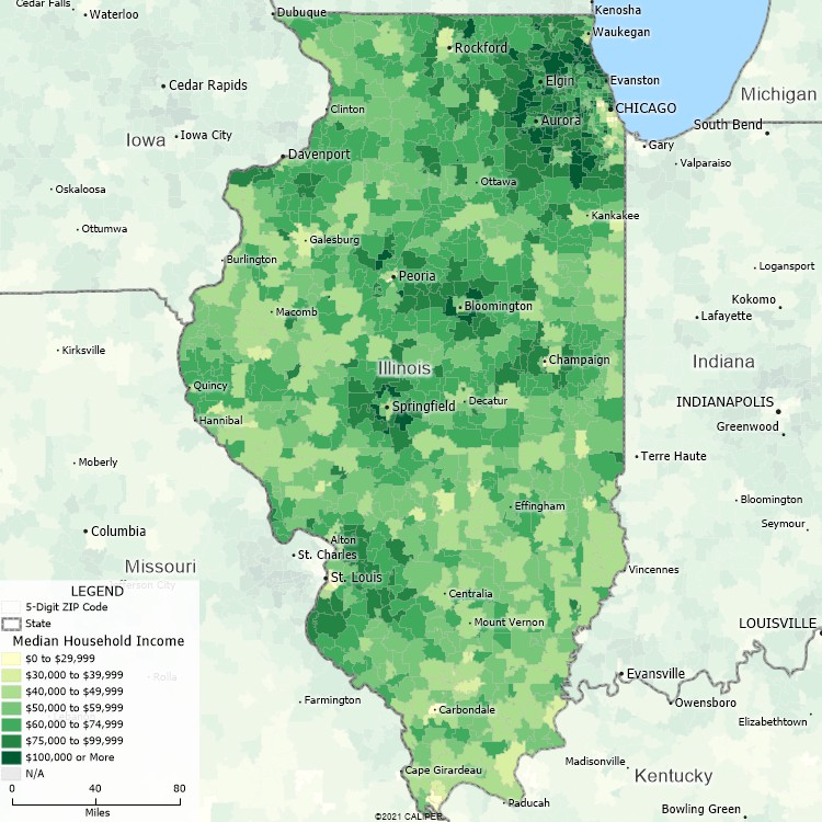 Maptitude Illinois Mapping Software map of income by ZIP Code in Illinois