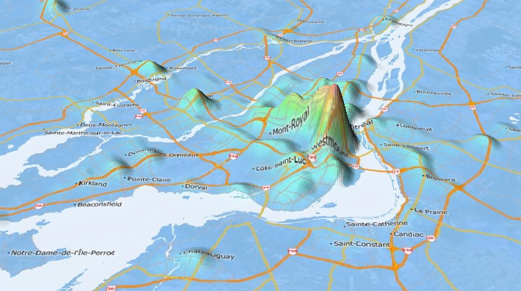 Maptitude 3D Map Software map of locations with high retail density around Montreal, Canada