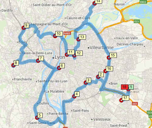 Map of optimised route serving multiple stops created with Maptitude France map software