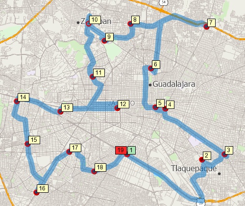 Map of optimized route serving multiple stops created with Maptitude Mexico map software