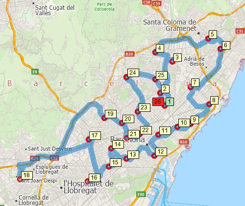 Map of optimised route serving multiple stops created with Maptitude Spain map software