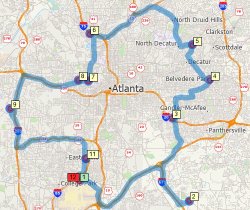 Map of optimized route serving multiple stops created with Maptitude USA map software