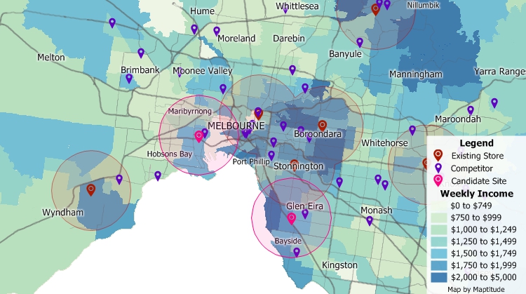 Maptitude map showing GIS retail site selection process to assess competitive retail, accessibility, and income