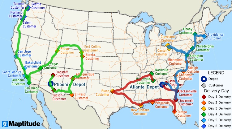 Maptitude delivery route map with multiple long-distance routes