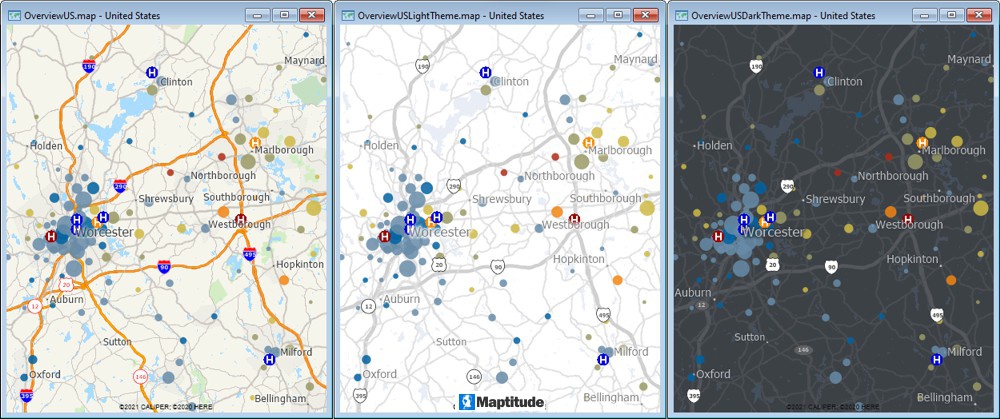 Maptitude standard, light, and dark background maps