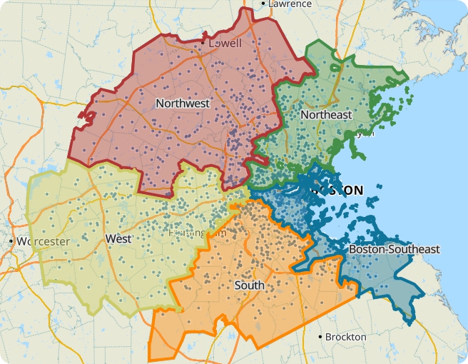 Five AI-generated sales territories in Maptitude Online, labeled Northwest, Northeast, Boston-Southeast, South, and West
