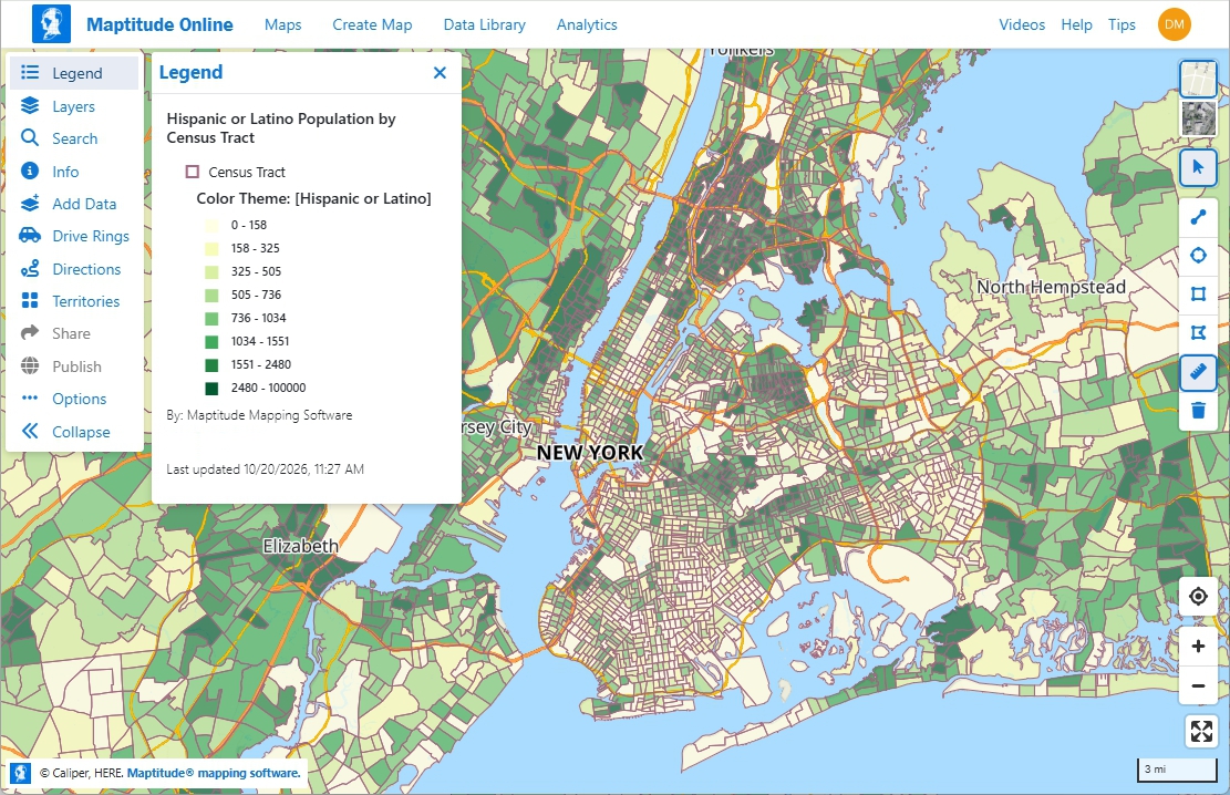 Maptitude Online map of Hispanic or Latino population by Census Tract in New York City, made by a browser AI agent with the Maptitude Create-a-Map Wizard
