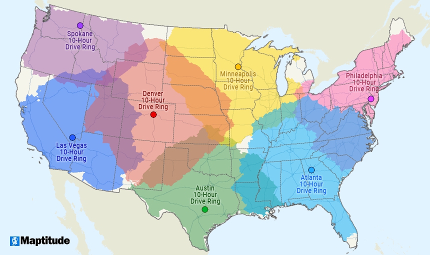 Map comparing the distance that can be traveled in 10 hours from several locations around the United States