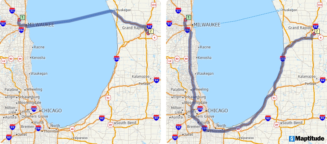 Maptitude comparison of fastest route with and without ferry