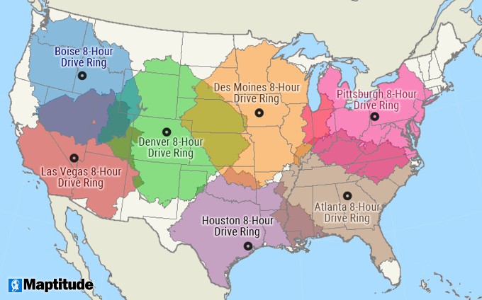 Maptitude 2025 map of 8-hour drive time rings from multiple locations across the country