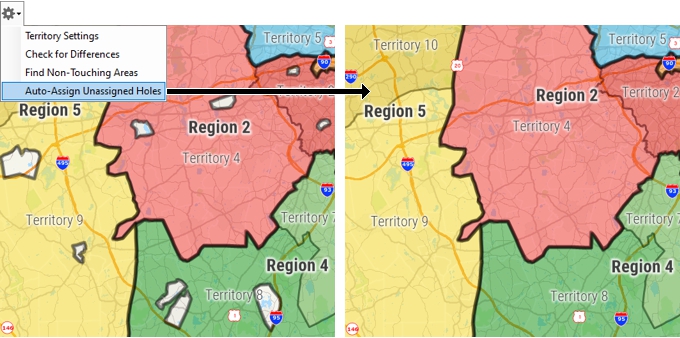 Maptitude 2025 automatically assigns unassigned holes to their surrounding territory
