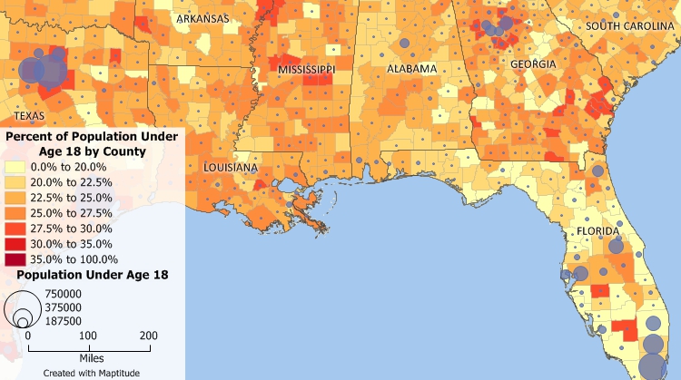 Create color, symbol, chart, heat, or prism maps with the included Census and ACS data
