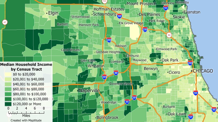 Maptitude Census Software has Census and ACS data for tract level household income maps