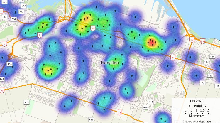 Find crime hot spots with Maptitude crime mapping software such as burglaries in Hamilton, Ontario, Canada