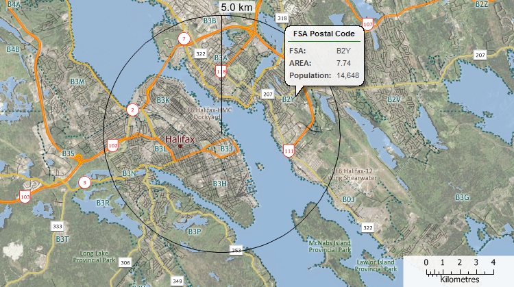 Maptitude GIS map of Halifax, Canada with custom radius and hover tool showing area of the B2Y postal area