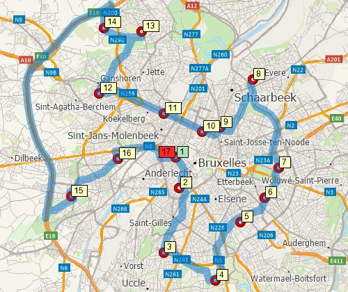 Map of optimised route serving multiple stops created with Maptitude Belgium map software