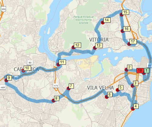 Map of optimised route serving multiple stops created with Maptitude Brazil map software