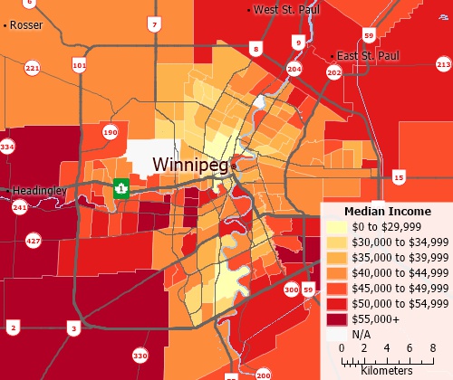 Winnipeg income map created with Maptitude mapping software and Canada Country Package