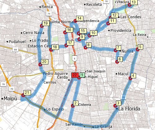 Map of optimized route serving multiple stops created with Maptitude Chuile map software